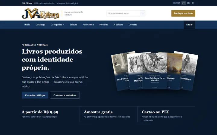 Página inicial da JVA Editora: chamada "Livros produzidos com identidade própria" ao lado de capas de livros do catálogo.